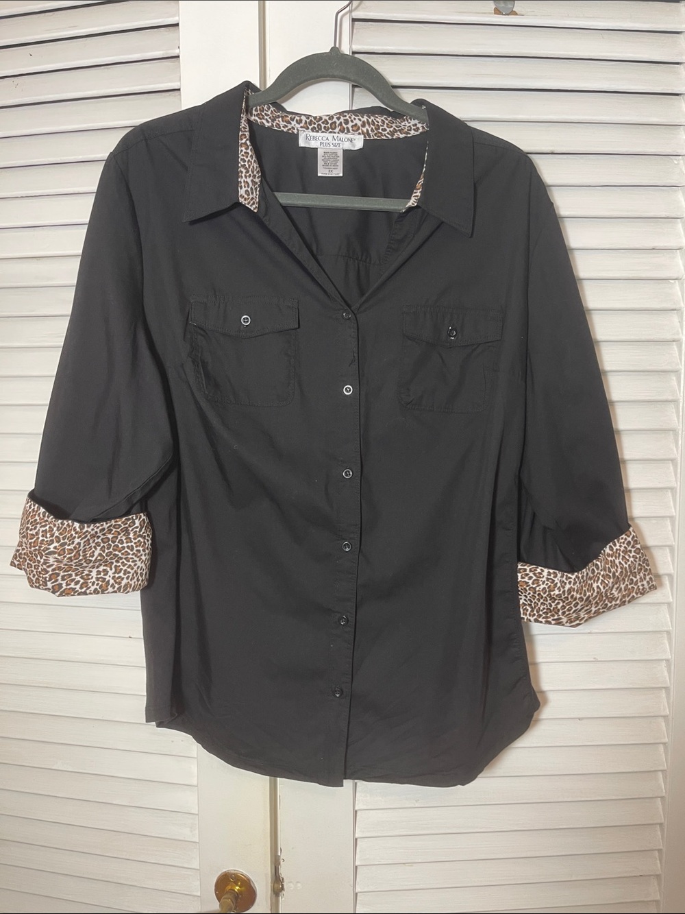 Cynthia Rowley Black Button-Front Shirt with Leopard-Print Trim